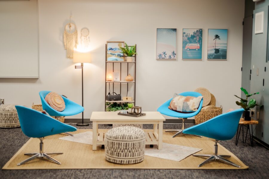 Southlake school WellSpace with blue chairs and calming artwork