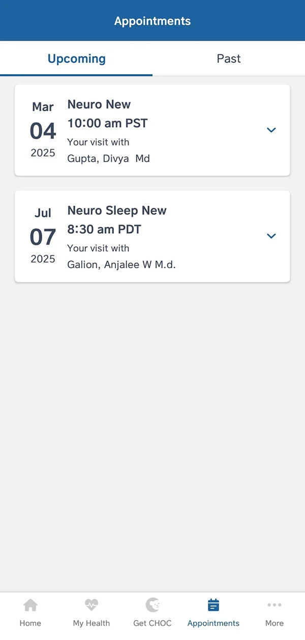 MyCHOC Appointments dashboard