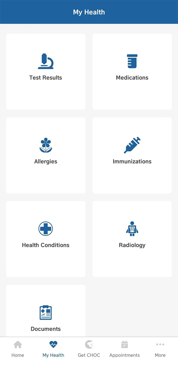 My Health dashboard on MyCHOC App