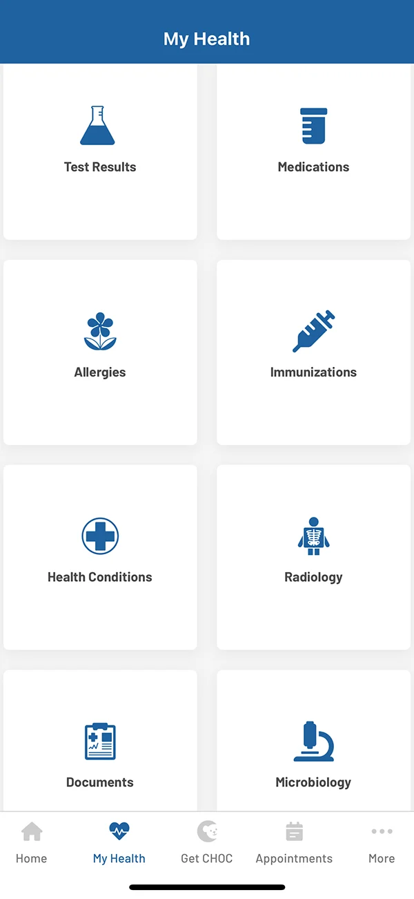 My Health dashboard on MyCHOC App