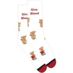 Socks that say "Give Blood" with Choco Bears